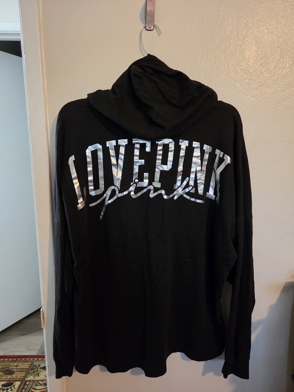 PINK Victoria's Secret Black Hooded Sweatshirt with Silver LOVE PINK Graphic